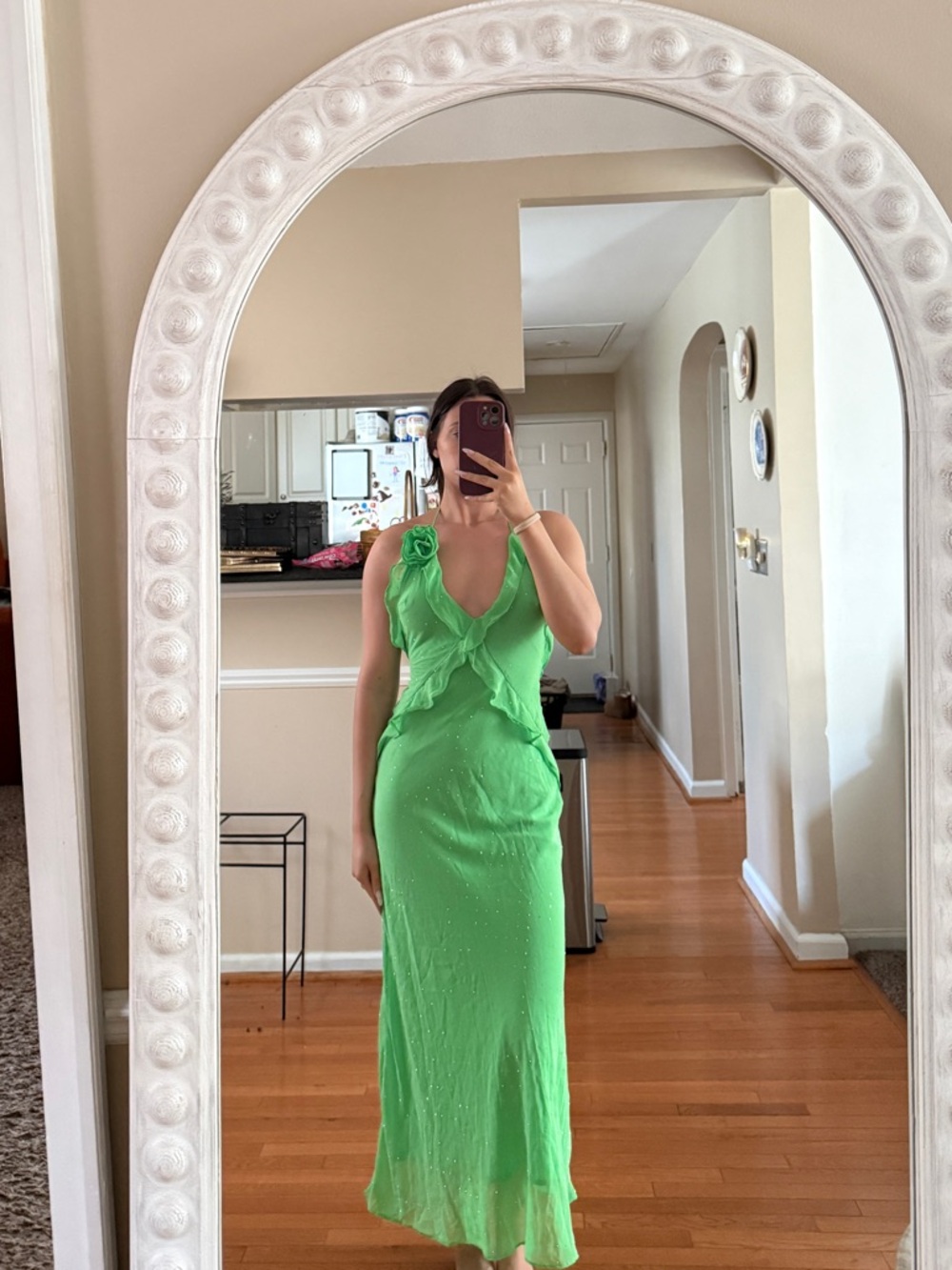 Vibrant Green Bardot Y2K inspired Ruffled Maxi Dress